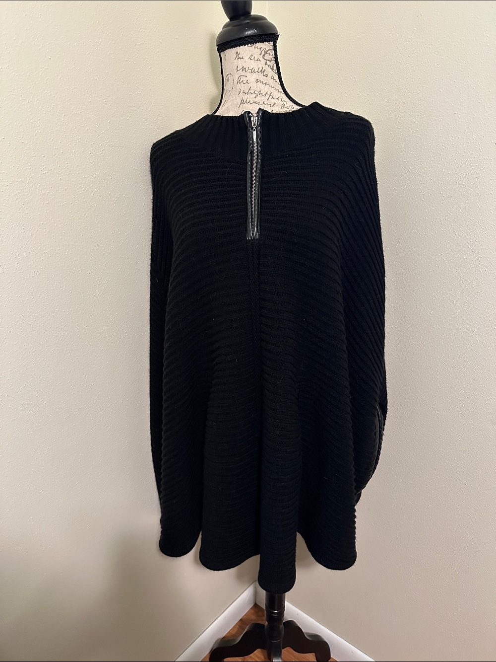 Black Half-Zip Women's Knit Sweater Poncho